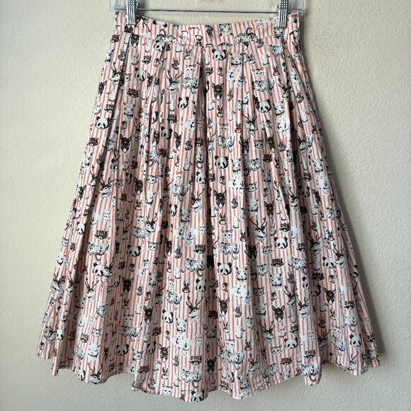 Quirky Animal Novelty Printed Striped Pleated Midi Skirt Tulip B - Picture 1 of 12